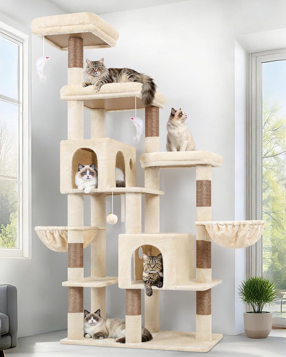 Kattenboom - Krabpaal Klimmeubel - Katten Vermaken - Twee Grote Kattenhuisjes - 189 cm Hoog - Beige