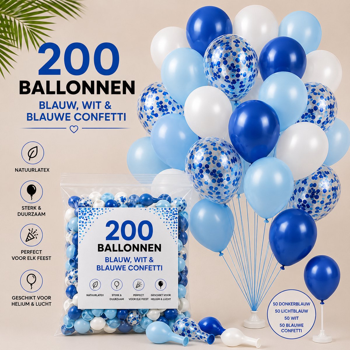 200 Ballonnen Blauw Wit - 50 Donkerblauwe, 50 Lichtblauwe, 50 Witte & 50 Blauwe Confetti Ballonnen - 30 cm - Geschikt voor Helium - Ballonnenboog - Babyshower - Verjaardag