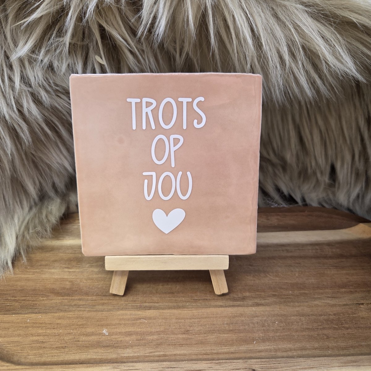 Robuust Wenstegeltje “Trots op Jou” – 10x10cm – Lief Cadeautegeltje met Hartje – Trendy nu – Geslaagd – vriend(in), familie, gezin, zomaar – Decoratief Tegeltje met Standaard – Cadeau Idee