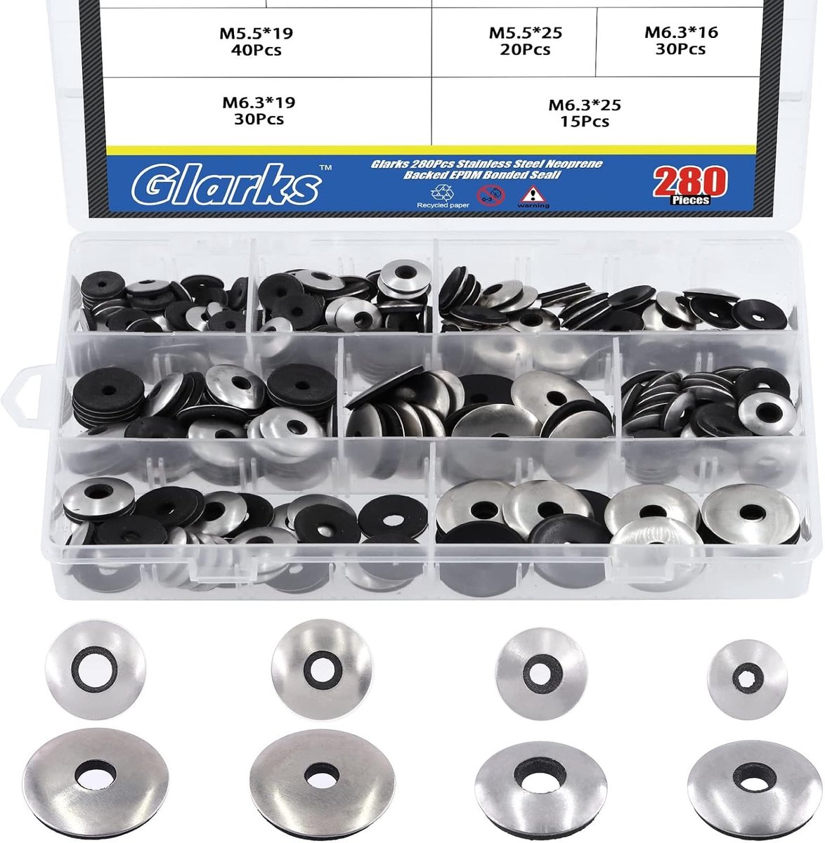280 Stuks RVS Neopreen Achterzijde EPDM Gecoate Sealing Washers Set voor Schroeven #4, #5 en #6