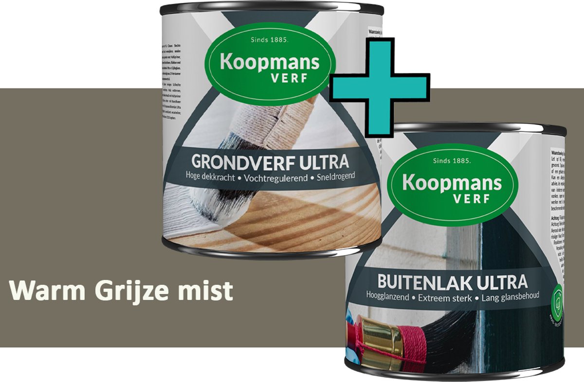 Koopmans Grondverf Ultra en Buitenlak Ultra - Grondverf Lakverf set - Buiten - Warm Grijze mist – 2x – 375 ml