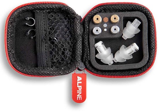 Alpine MusicSafe Pro opbergdoosje open met gehoorbeschermers, filters en accessoires.