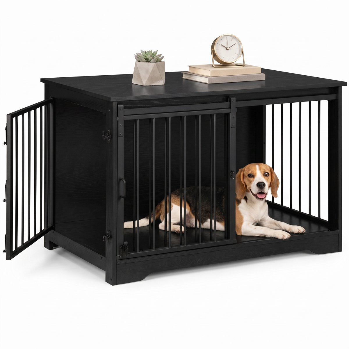 Aiverig® Hondenbench Hout Meubel – met Schuifdeur & Zijdeur – Hondenhok voor Binnen & Hondenkooi – Krasvrije Poten & Anti-knaag Sloten – Voor Middelgrote Honden – Zwart – 100×60×68 CM