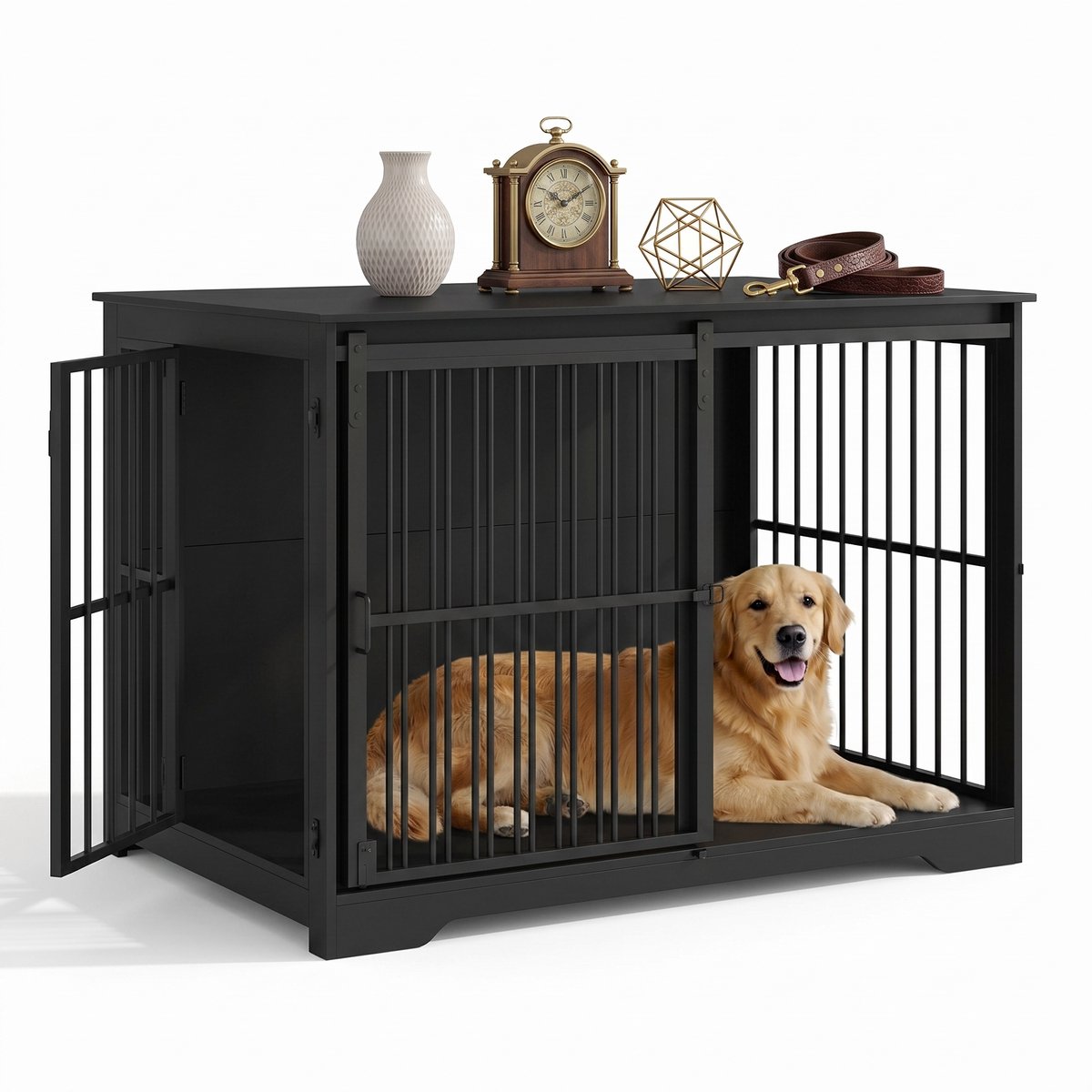 Aiverig® Hondenbench Hout Meubel XL – met Schuifdeur & Zijdeur – Hondenhok voor Binnen & Hondenkooi – Krasvrije Poten & Anti-knaag Sloten – Voor Grote Honden – Zwart – 110×65×81 CM
