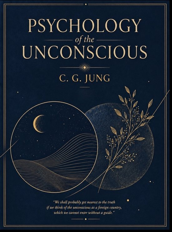 Boek "Psychology of the Unconscious" van C.G. Jung, met een maan in een sterrenhemel en takken.