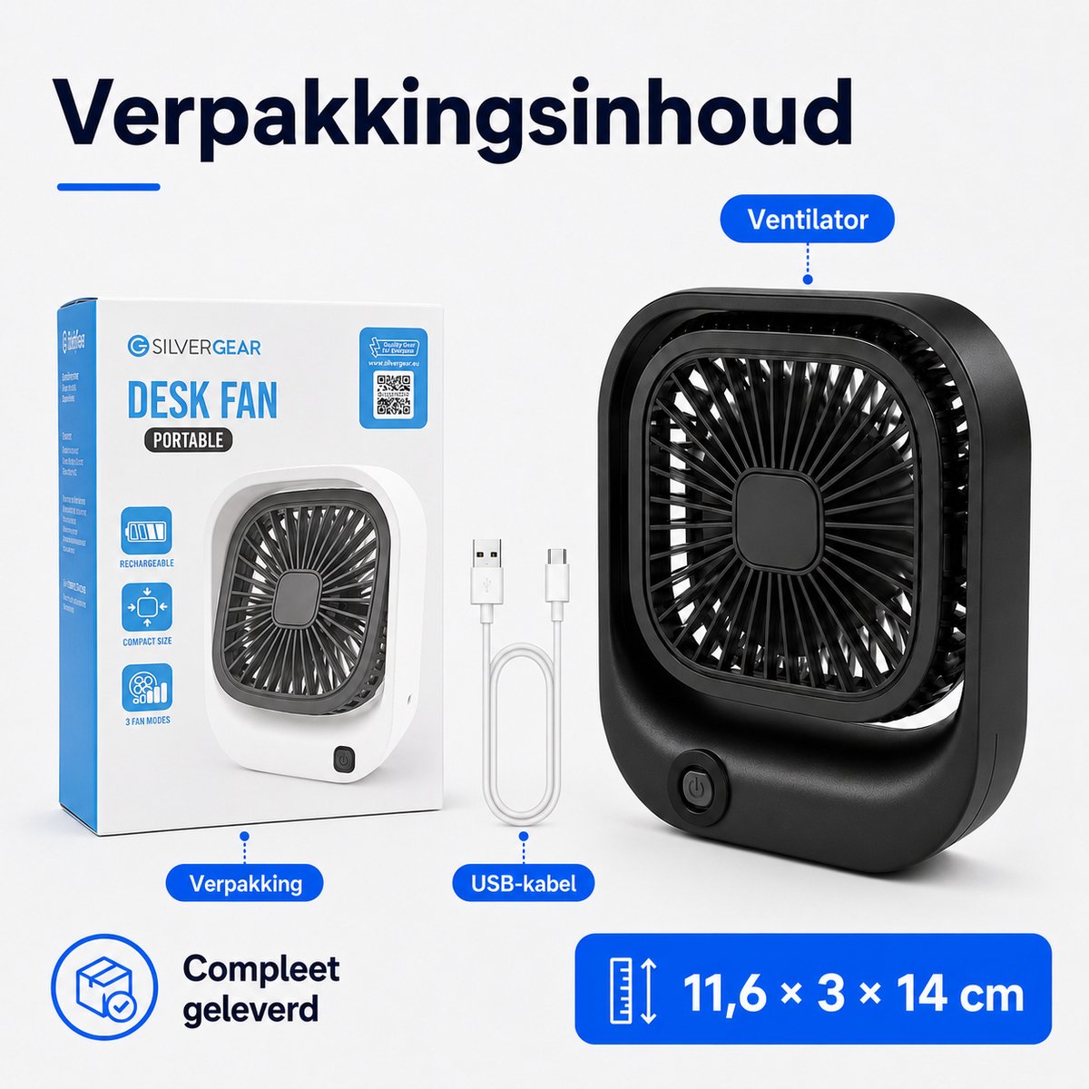 Draagbare Bureauventilator - Kleine USB-C Ventilator - Mini Tafel Ventilator 3 Standen - Lichtgewicht Mini Desk Fan - Compacte Kleine Oplaadbare Ventilator - voor Auto, Kantoor & Onderweg - Handventilator Oplaadbaar - Handwaaier - Zwart - Silvergear thumbnail 6