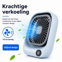 Lichtblauwe compacte ventilator met aan/uit-knop en tekst 'Krachtige verkoeling'.