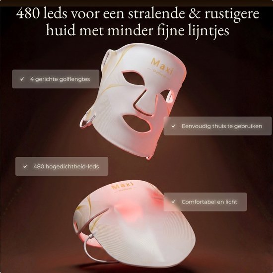 Maxi Meilleur LED gezichtsmasker, wit met gouden lijnen, met rode gloed. Twee maskers worden getoond, één met rode gloed.
