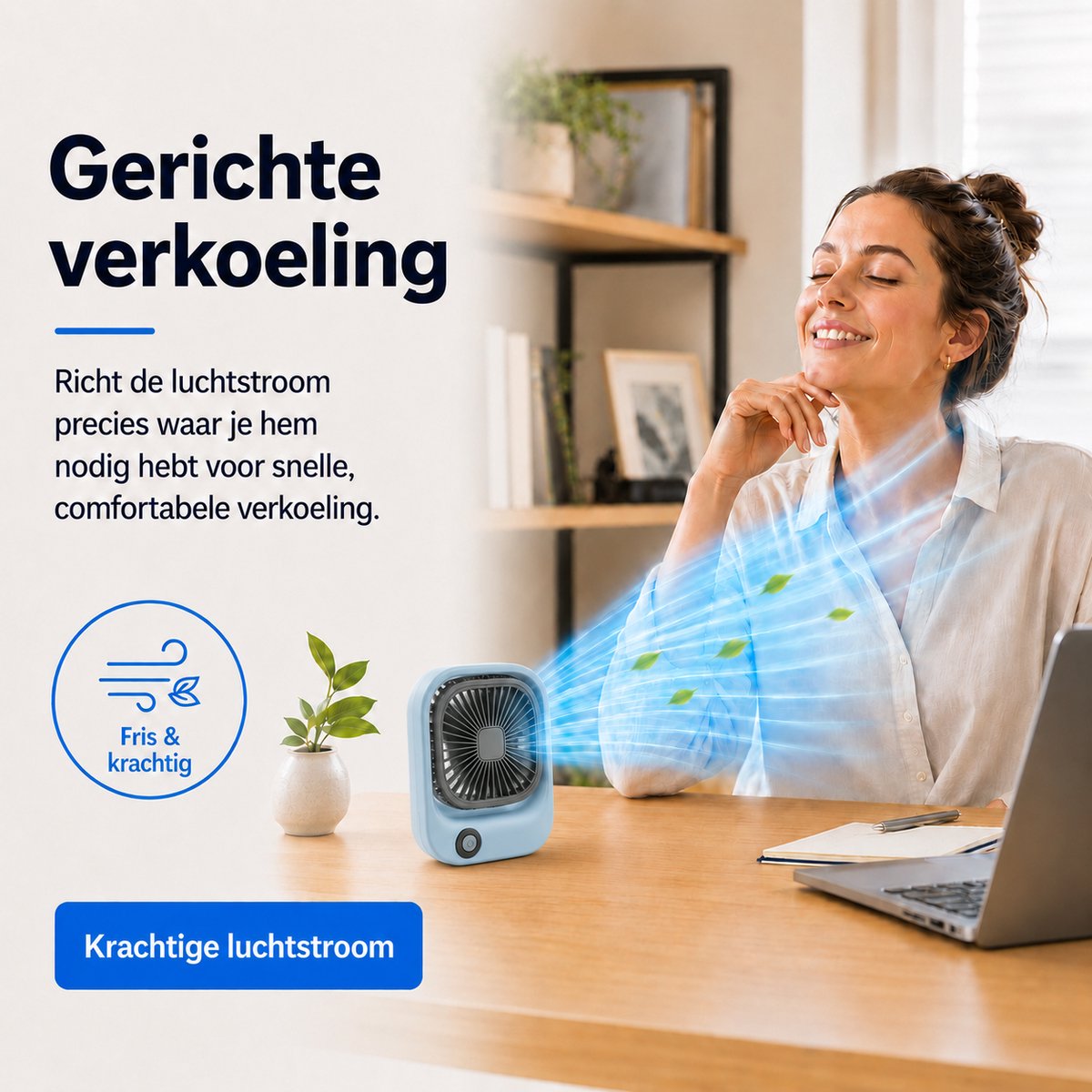 Kleine Draagbare Bureauventilator - Compacte USB-C Ventilator - Mini Tafel Ventilator 3 Standen - voor Auto, Kantoor & Onderweg - Lichtgewicht Mini Desk Fan - Kleine Oplaadbare Ventilator - Handventilator Oplaadbaar - Handwaaier - Blauw - Silvergear — afbeelding 4