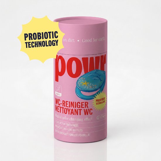 Roze cilinder met "POWR WC-REINIGER NETTOYANT WC" tekst en "PROBIOTIC TECHNOLOGY" in gele ster