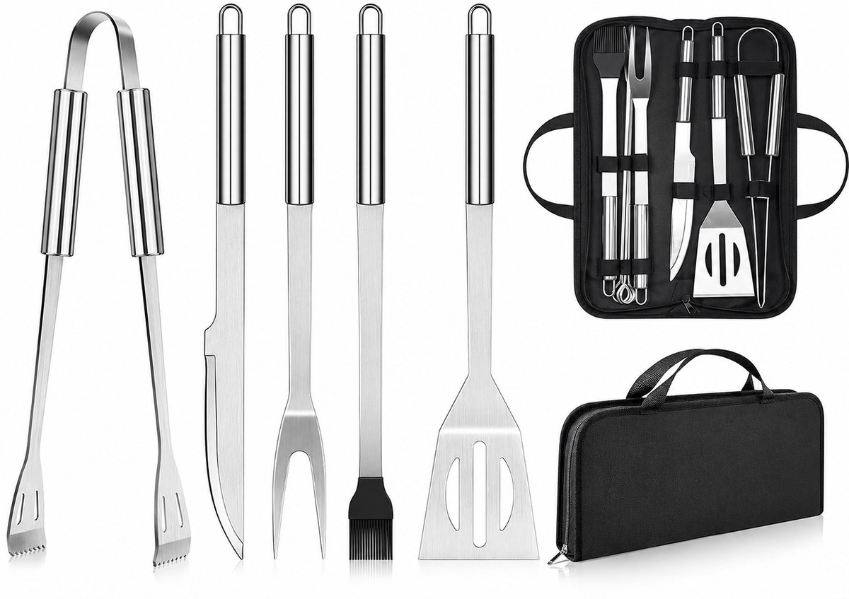 SMH LINE® Barbecue Gereedschapset 6-delig – RVS Barbecue Accessoires met Opbergtas – BBQ Set – Grill Gereedschap