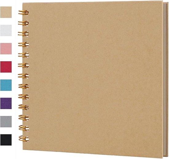 Een bruin, blanco scrapbookalbum met gouden spiraalbinding. Naast het album staan kleurstaaltjes.