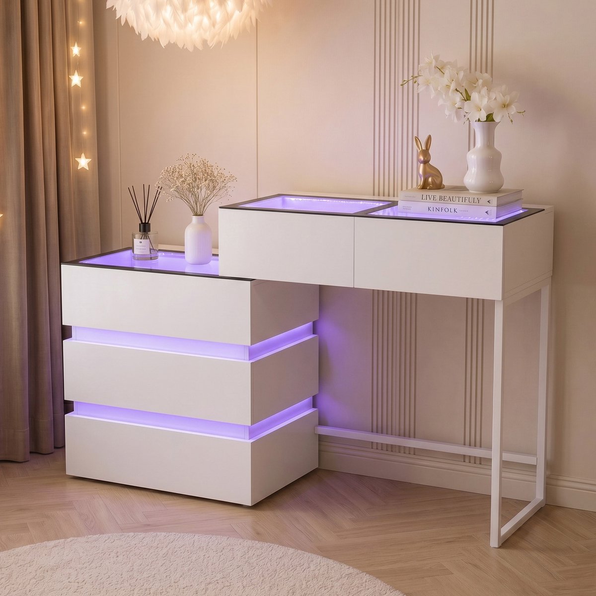 VANITII GLOBAL Kaptafel met LED Verlichting RGB 5 Ladens Wit 130 x 40 x 81 cm