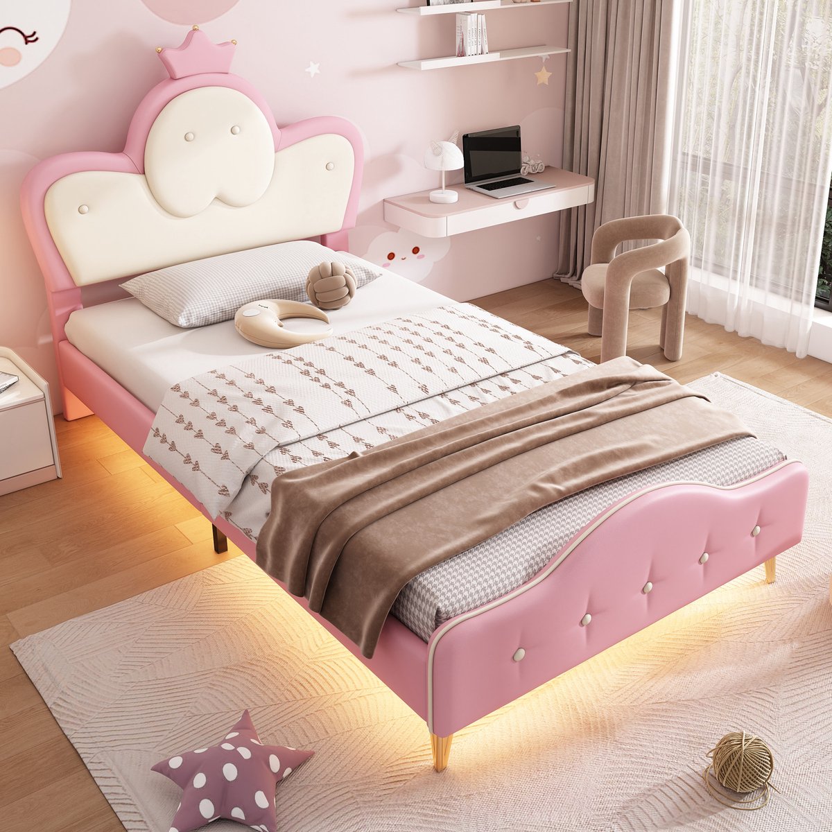 MEUNIQ kinderbed 90x200 cm met LED-verlichting, kroonvormig hoofdbord, zachte beschermranden, lattenbodem en metalen steunpoten voor kinderkamer in roze en wit