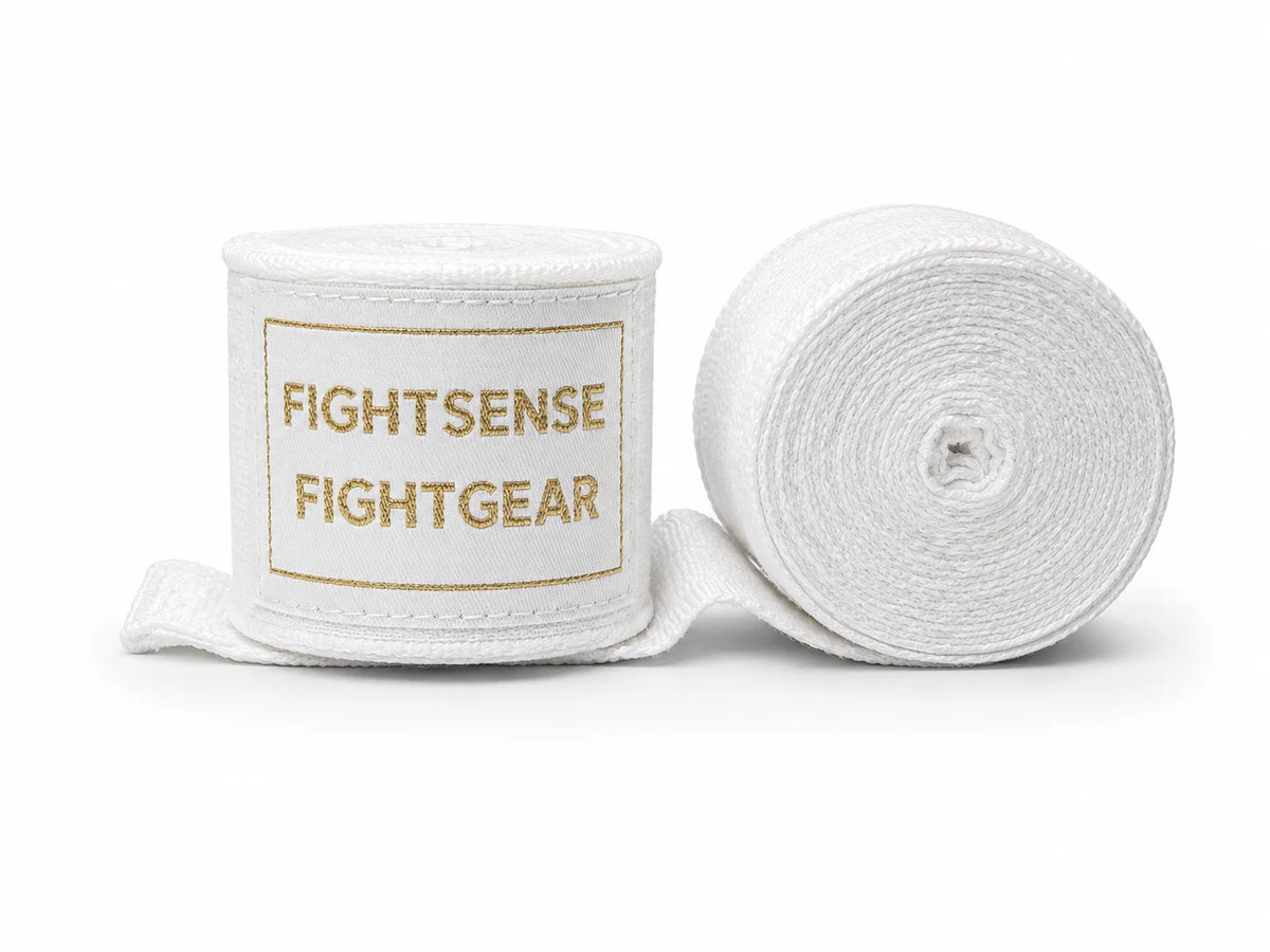 Fightsense Boksbandage 500 cm – Handwraps voor Boksen, Kickboksen, Muay Thai & MMA – Wit/Goud