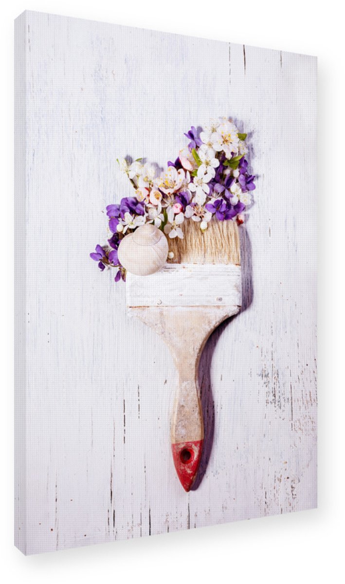 Verfkwast met Bloemen Schilderij - Canvas op Frame 30x45 cm - Wanddecoratie Kunstdruk - Muurdecoratie Woonkamer, Verfkwast Bloemen