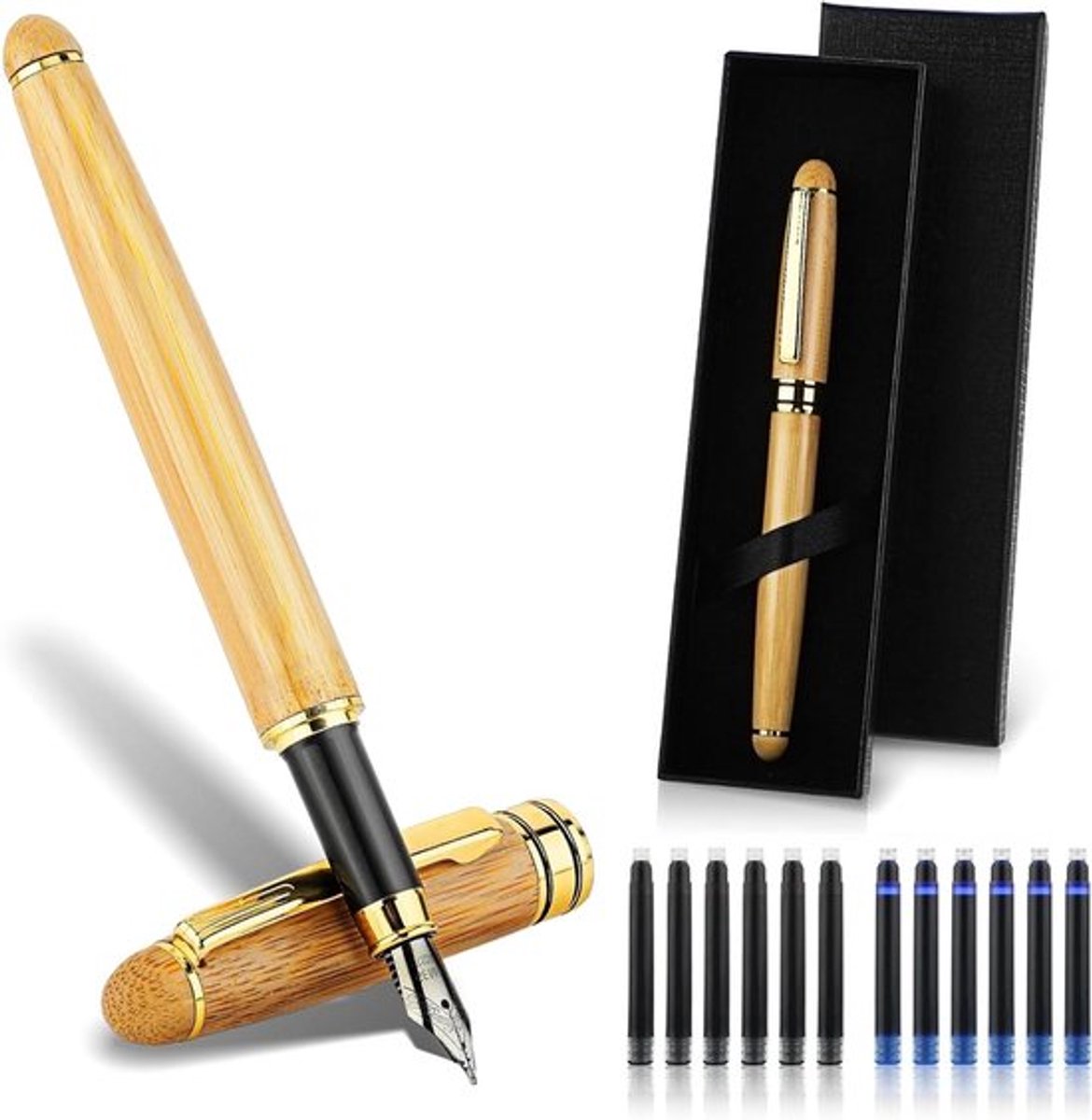 Luxe bamboe vulpen set met inktconverter en 12 - Inovra Plus