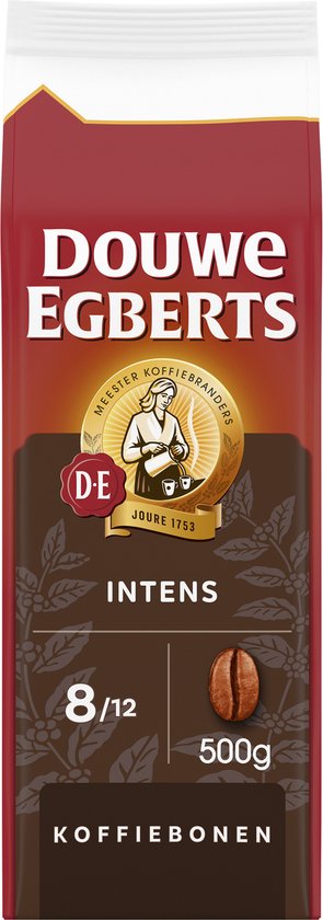 Rode verpakking Douwe Egberts koffiebonen 'INTENS' met koffieboon en 500g.