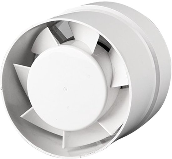 Ventilateur de salle de bain blanc, modèle tubulaire de 100mm, VITO Venti-P100, avec pales visibles.