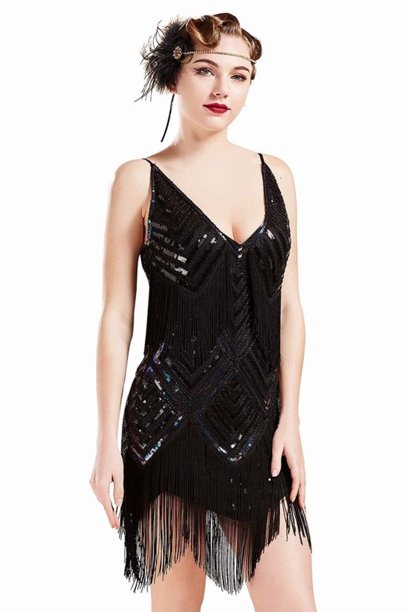 Shopcentral - Flapper Dress - Cocktail Dress - Sexy V-Hals - Zwart - 1920s Thema