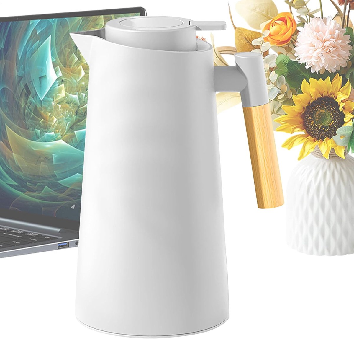 Thermoskan Glazen Coating - Theepot Drankdispenser - Dranken Warm Houden - Lekvrij Ontwerp Robuust - 1000 ml - Wit