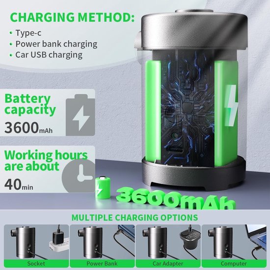 Mini Elektrische Luchtpomp - Draagbare Luchtbedpomp - Elektrische Vacuümpomp - 3600mAh 240L/min - Geschikt voor Luchtbed, Zwemband & Vacuümzakken - Zwart — afbeelding 4