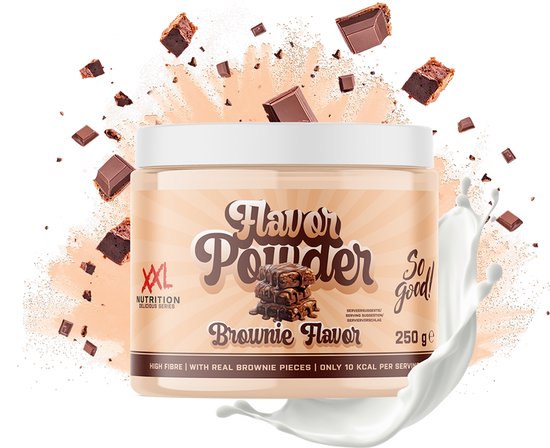 Pot Flavor Powder Brownie smaak, omringd door stukjes chocolade, brownies en een melkplons.