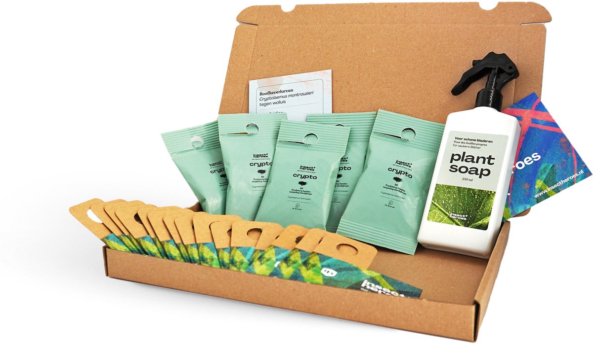Wolluis Bestrijden - voor 5 Planten of 5 m² - Bescherm Kamerplanten, Moestuin & Kas - 100% gifvrij - 150 Crypto Larven, 15 Uitzetdoosjes en 250ml Plant Soap - Biologische Bestrijding van Wolluis - Jungle Pakket tegen Wolluis
