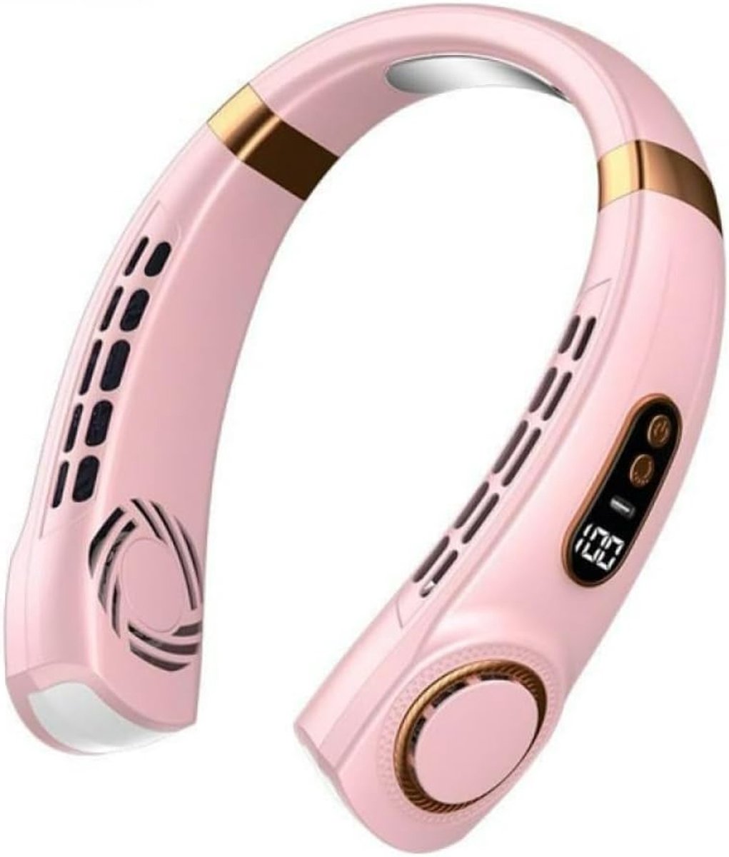 Draagbare LED Smart Digital Nekventilator van 4000 mAh met USB-aansluiting, stille werking, multifunctioneel met gekleurde lampjes, geschikt voor buitenactiviteiten en hardlopen in het donker (roze)