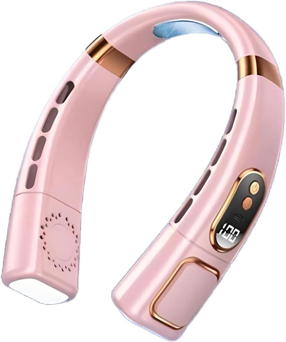 Nekventilator, digitaal display met gekleurde sfeerverlichting, 4000mAh USB-opladen, 5 snelheden, bladloze draagbare nekventilator, luchtkoeler, persoonlijke ventilator (roze)