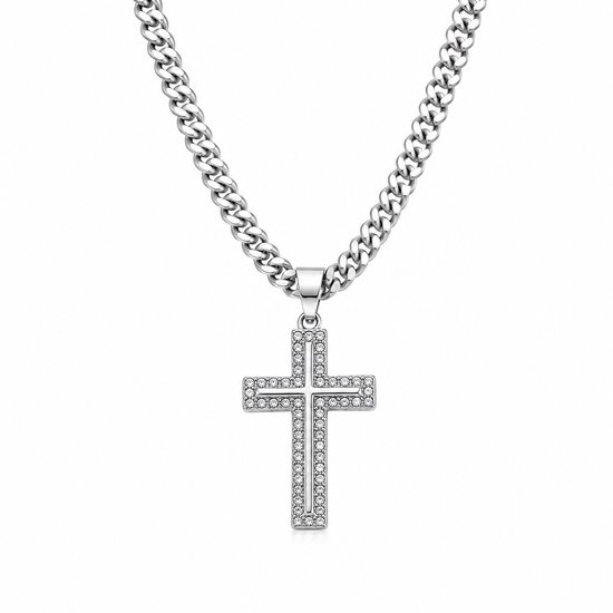 Zilverkleurige schakelketting met een open kruisbedel, versierd met steentjes.