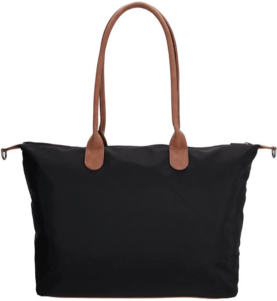 Sac cabas noir Piero Erbacci avec anses marron, fermeture éclair et design intemporel.