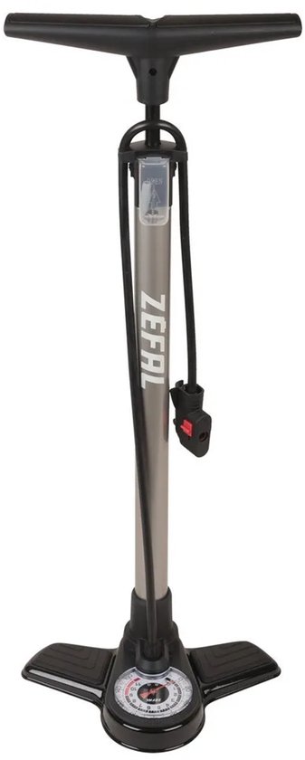 Zilveren Zefal fietspomp met zwarte T-greep, slang en voet met manometer.