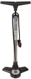 Zilveren Zefal fietspomp met zwarte T-greep, slang en voet met manometer.