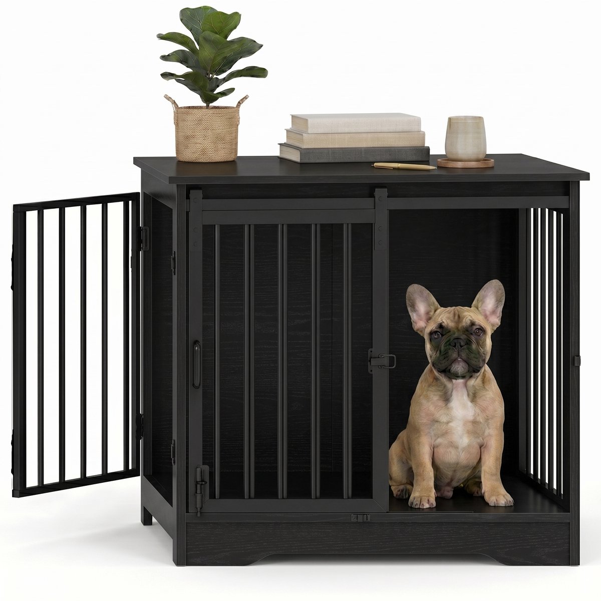 Aiverig® Hondenbench Hout Meubel – met Schuifdeur & Zijdeur – Hondenhok voor Binnen & Hondenkooi – Krasvrije Poten & Anti-knaag Sloten – Voor Kleine tot Middelgrote Honden – Zwart – 69×49×65 CM