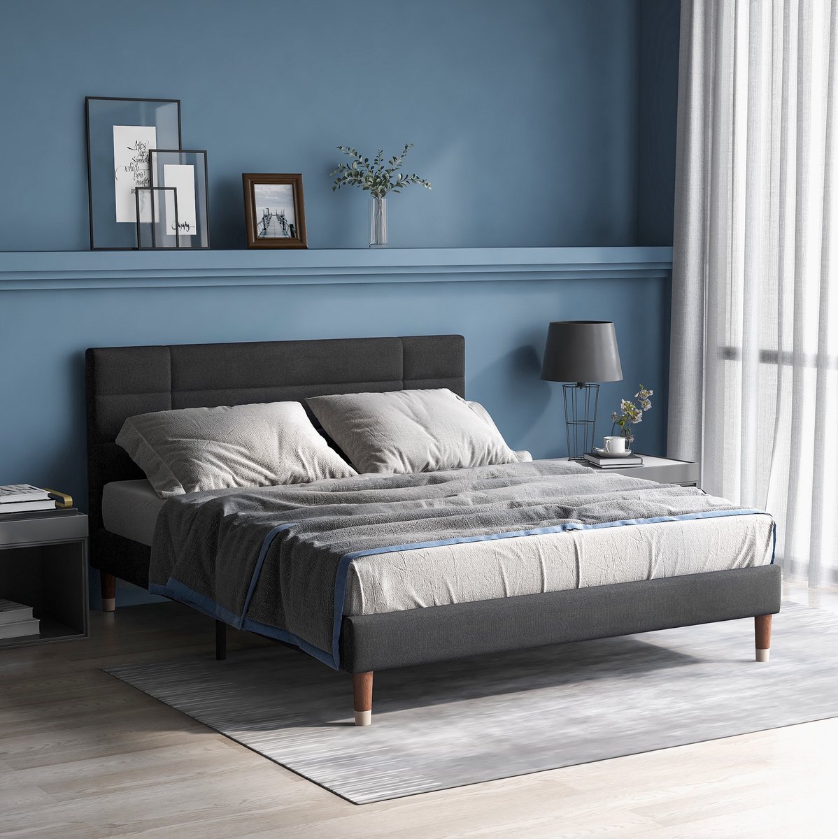 MEUNIQ gestoffeerd tweepersoons bed 140x200 cm met lattenbodem, hoofdbord en opbergruimte onder het bed, bedframe voor slaapkamer in grijs