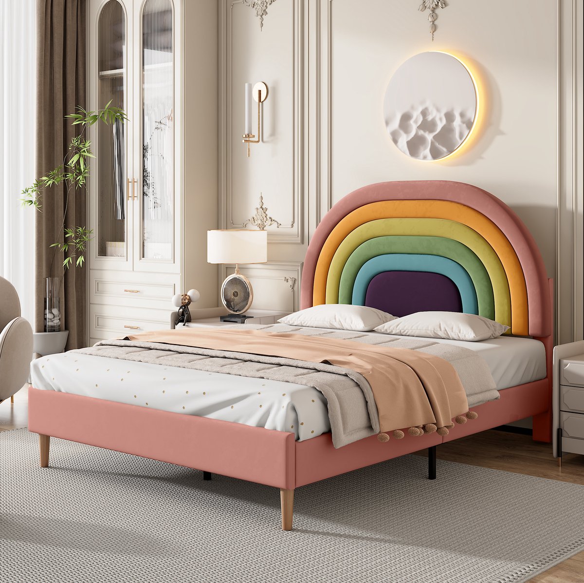 MEUNIQ Gestoffeerd bed 140 x 200 cm met verstelbaar hoofdbord, houten lattenbodem en zachte velours bekleding voor de slaapkamer, roze