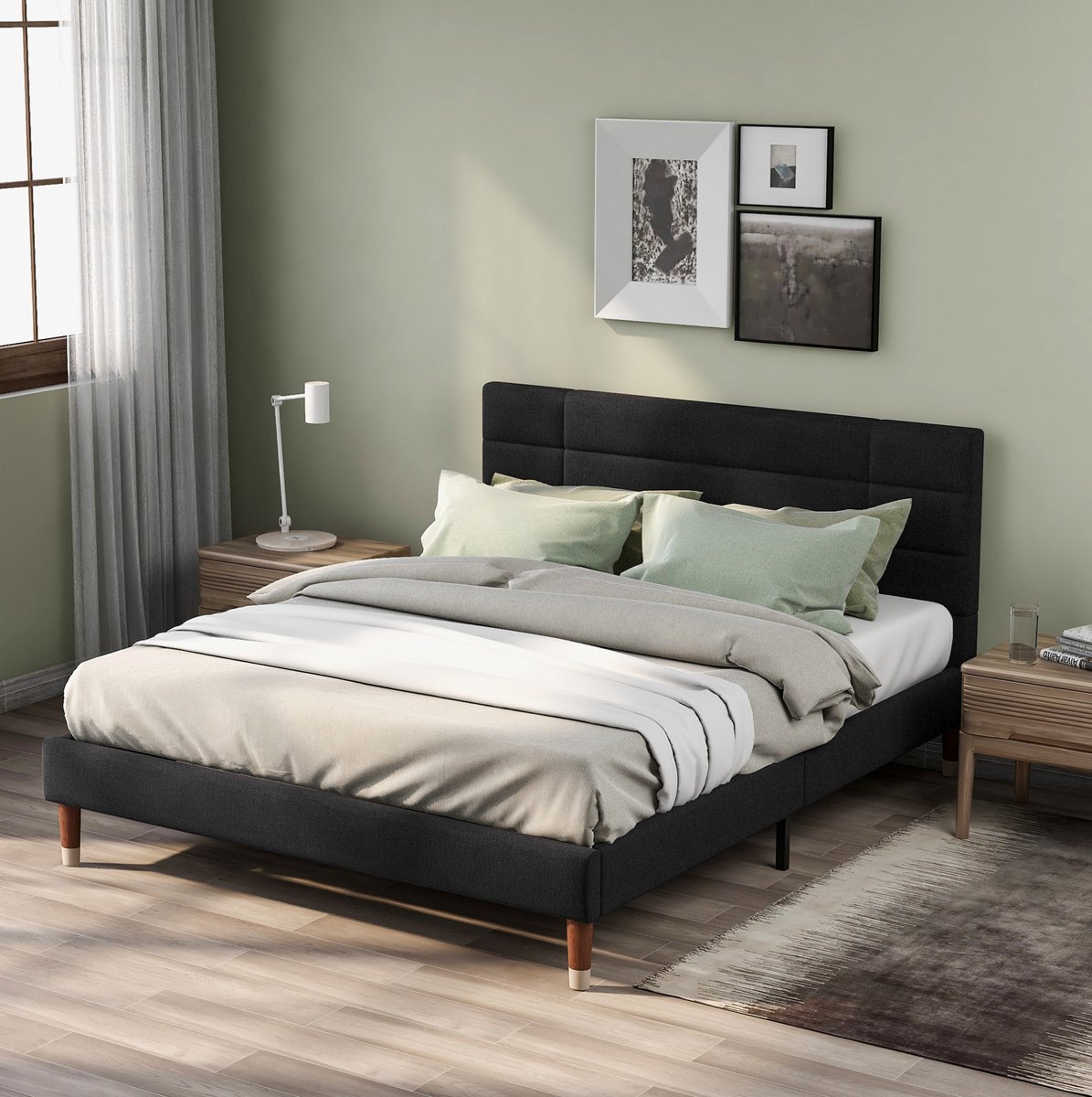 MEUNIQ Gestoffeerd tweepersoons bed 140x200 cm met lattenbodem en matras, bedframe met hoofdbord, bed met opbergruimte onder, slaapkamer, zwart