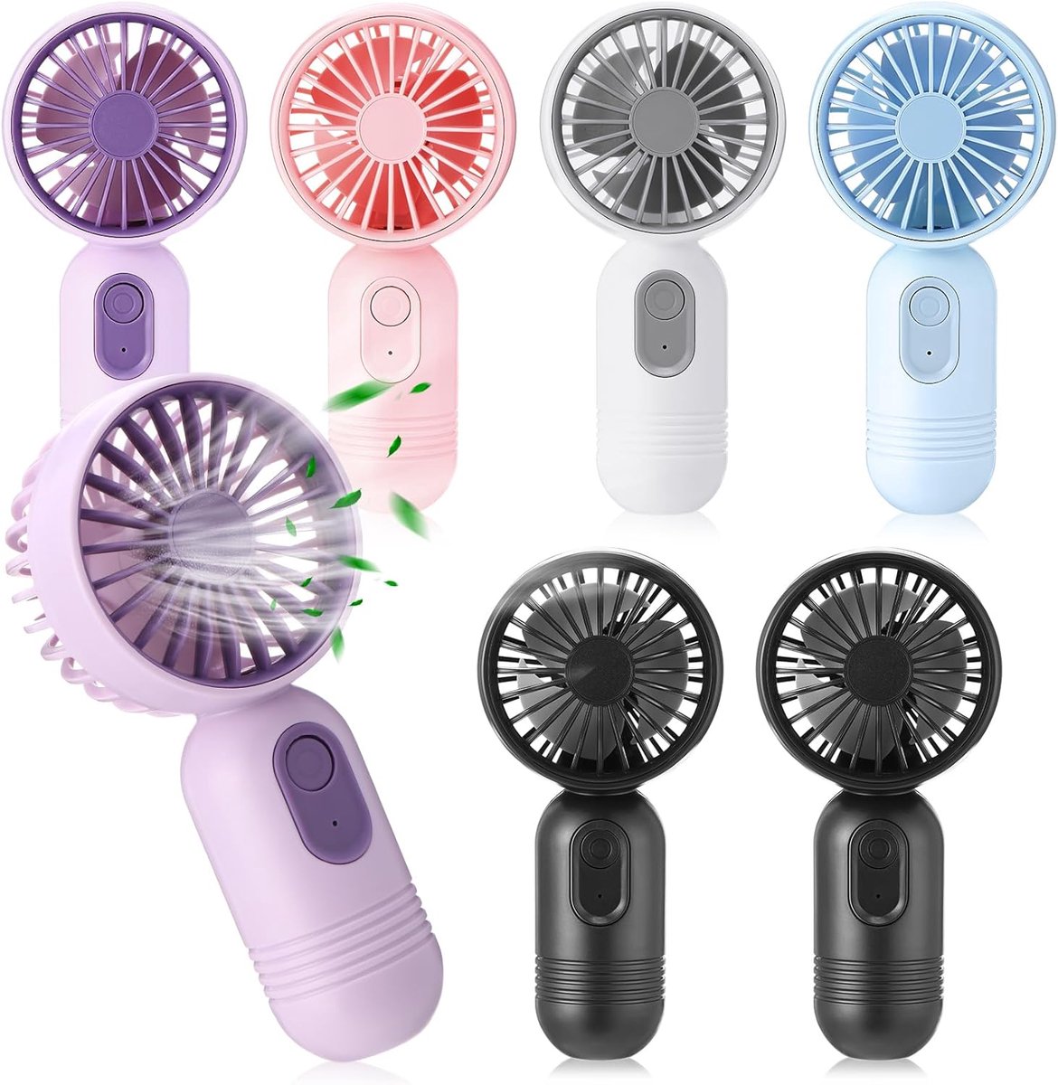 Set van 6 oplaadbare mini-ventilatoren - 8 × 6 × 15 cm - Compact en draagbaar - Drie windsnelheden - Geschikt voor zowel mannen als vrouwen - 2 zwarte ventilatoren - 1 van elk in blauw, roze, wit en paars