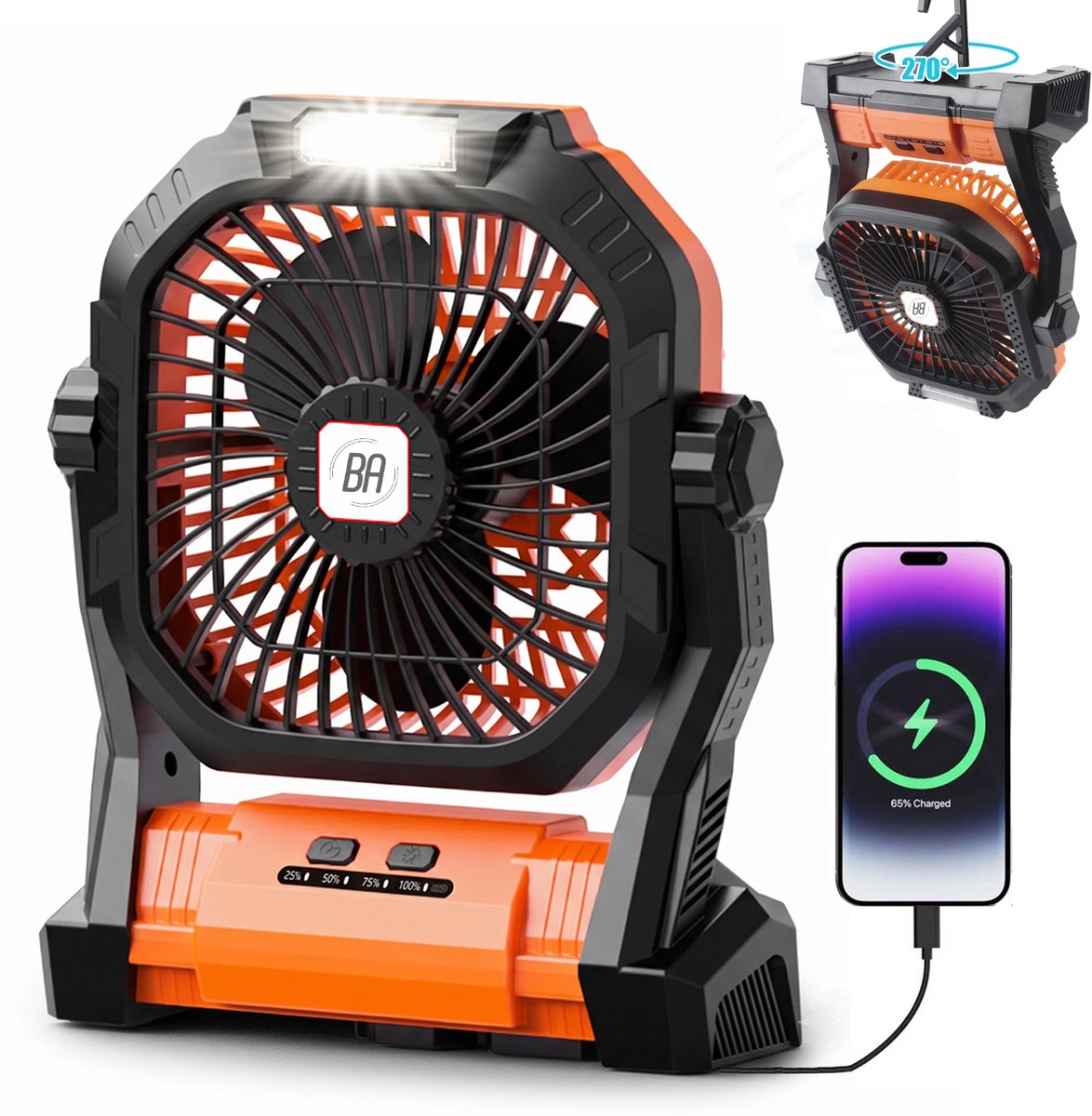 Best Active Mini Ventilator - Oplaadbare Tafelventilator - Stille Mini Fan met Ophanghaak - Handventilator - Klein, Stil & Geruisloos - 4 Snelheden & Verlichting - 7800 mAh & Powerbank functie - Zwart/Oranje