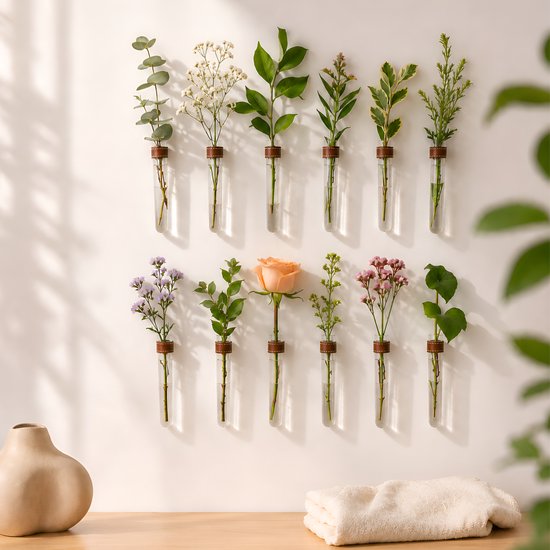 Twaalf glazen reageerbuisjes met diverse planten en bloemen, opgehangen aan een muur in twee rijen.