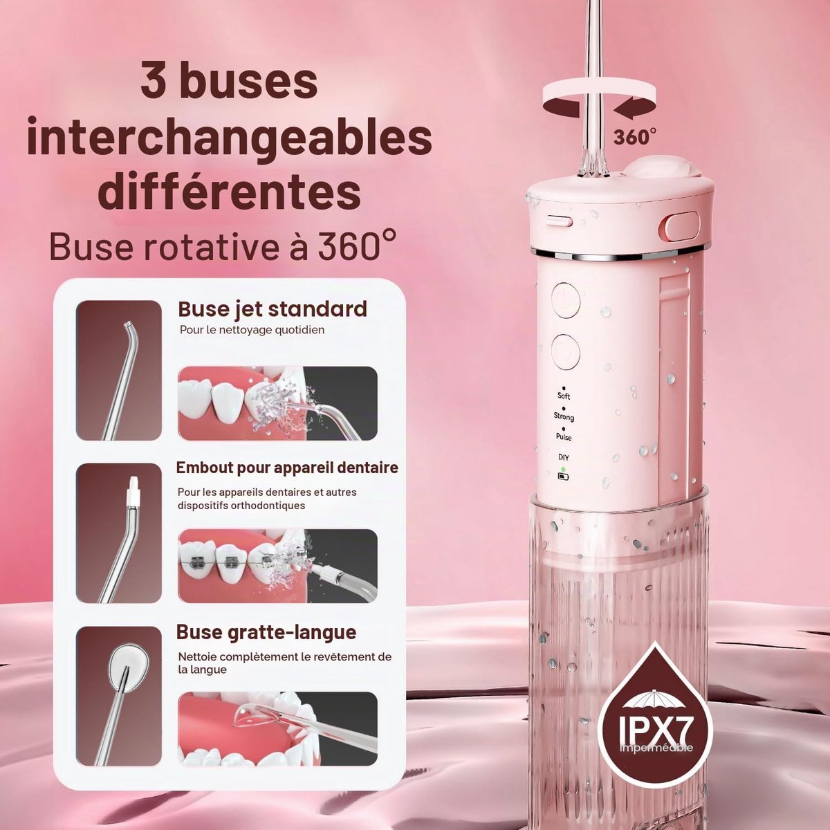 Mini Draagbare Waterflosser – Elektrische Reis Mondirrigator – Tandsteenverwijderaar – met 4 Vervangende Opzetstukken – 4 Modi – 230 ml Intrekbaar Waterreservoir – IPX7 Waterdicht – (Roze) thumbnail 4