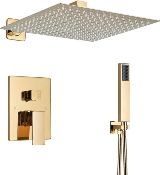 Gouden doucheset met vierkante regendouchekop, handdouche en inbouwdeel met hendel en draaiknop. Geïsoleerd op witte achtergrond.