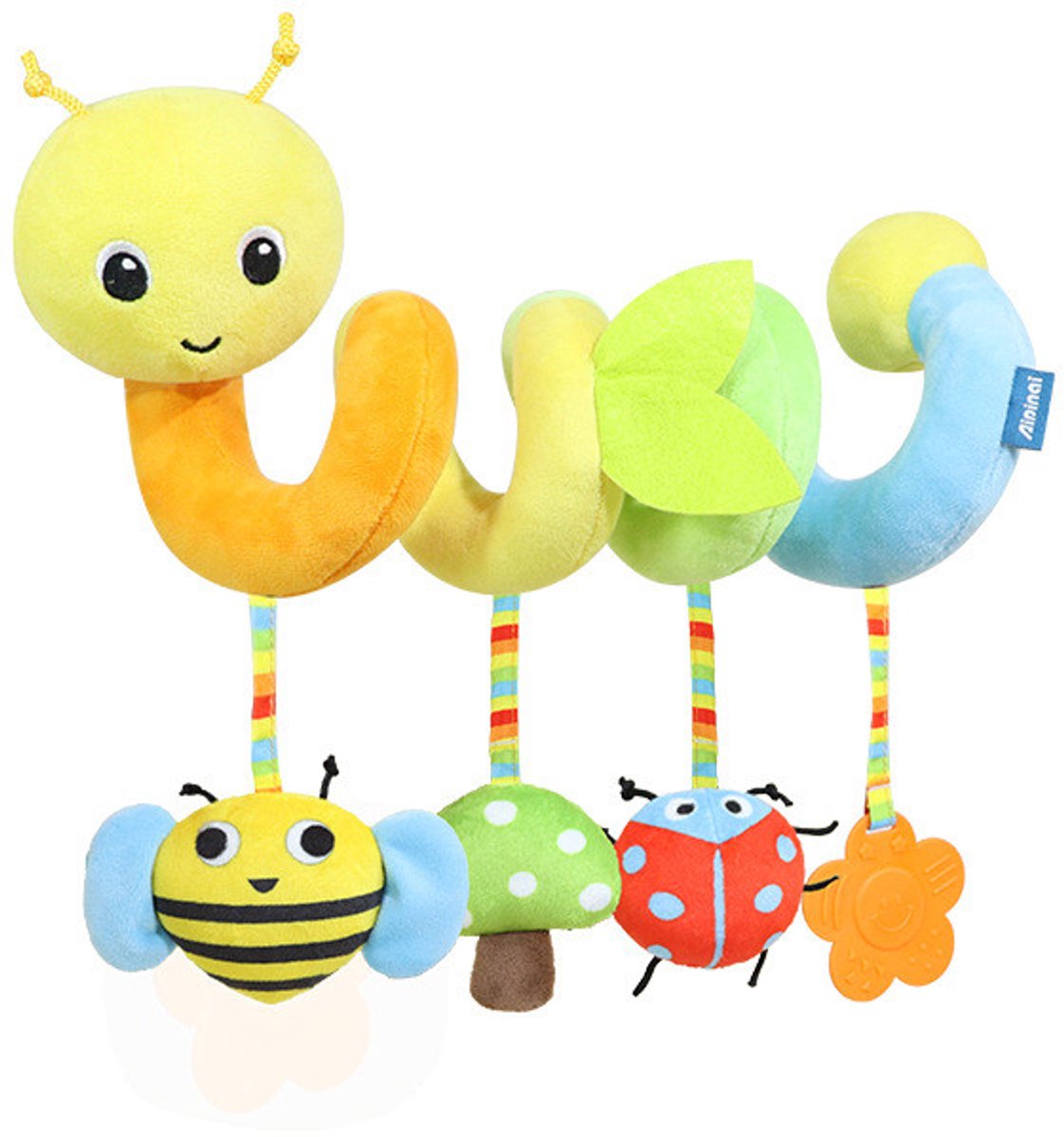 COOAU - Boxspiraal Baby Speelgoed - Pluchen Knuffel met Rammelaar voor Kinderwagen, Autostoel & Buggy - Sensorisch Speelgoed voor Baby's van 0-6 Maanden - Unisex - Zacht & Veilig - Kleurrijke rups