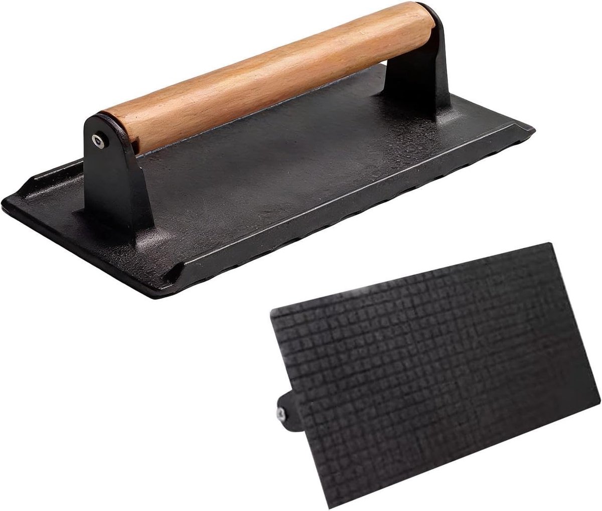 Gietijzeren Vleespers Houten Handvat Gelijkmatig Grillen Uniforme Drukverdeling 16 x 8 cm Zwart