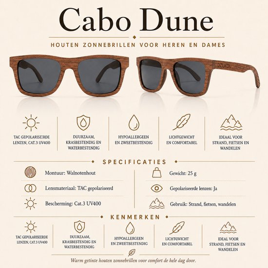 Dzukou Cabo Dune - Zonnebril - Heren - Hout - Gepolariseerd van Dzukou — afbeelding 4