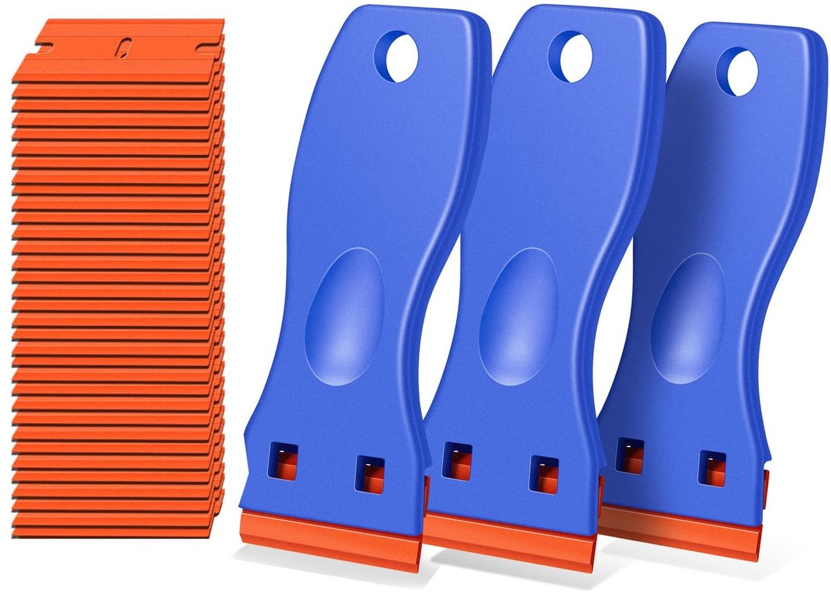Dailygoods- Schraper 3 Stuks - Kunststof - Antislip - Multifunctioneel - Voor Stickerverwijdering - Ergonomisch Handvat - 30 Reservemesjes - Reinigingsschraper