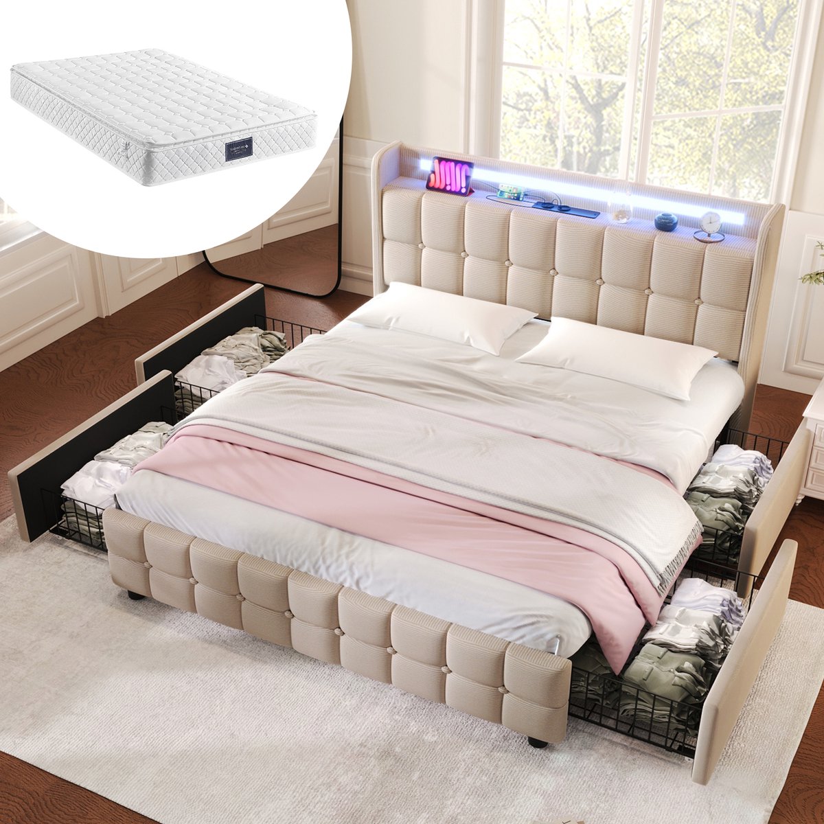 Tweepersoonsbed 160x200 cm - Gestoffeerd bed met USB -oplaadfunctie, hoofdbord, ledverlichting - 4 lades - Bedframe met opbergruimte - lattenbodem van hout - Beige (Inclusief matras)