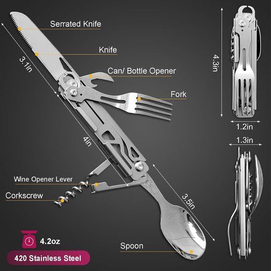 6-In-1 Opvouwbare Campingbestekset - Roestvrijstalen Outdoor Campingbestek - Compact Outdoor Bestek - Campingbestek Set - Reisbestek - Roestvrij Staal - Met Vork, Lepel, Mes, Kurkentrekker & Flesopener - Kamperen, Wandelen, Vissen, Picknicken — afbeelding 4