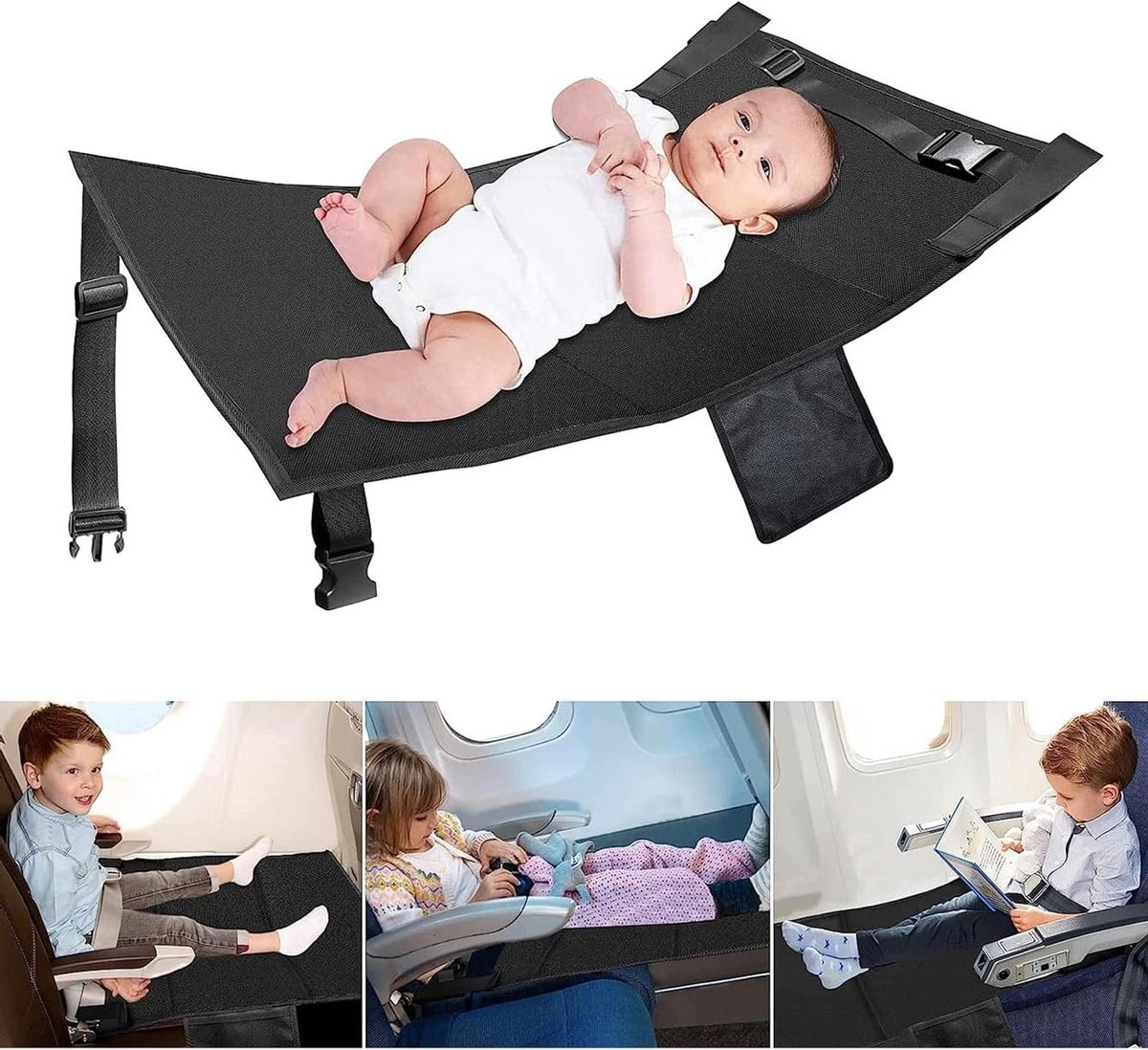 Vliegtuig voetensteun - Reis hangmat - Comfortabel reizen - Verstelbare hoogte - 79x45 cm - Zwart
